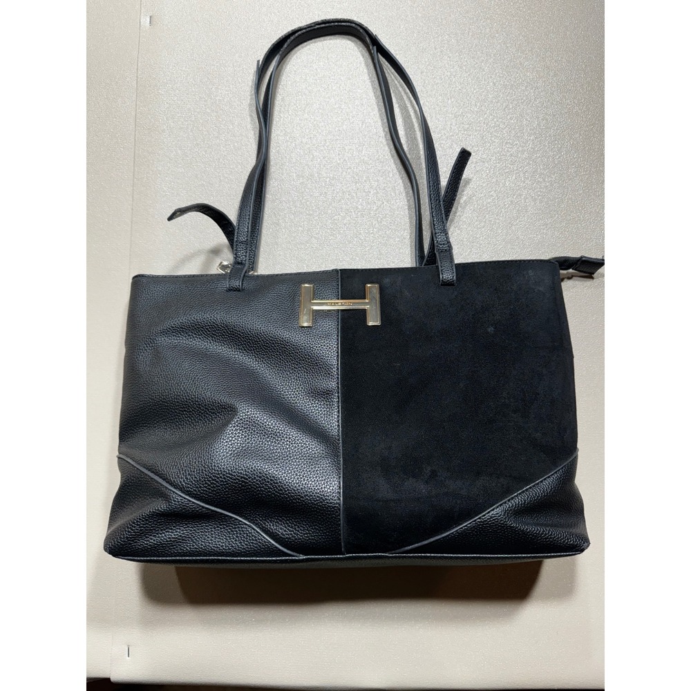 Halston Heritage Black Faux Leather and Suede Tote Bag Gold H Logo